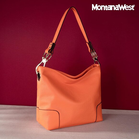 Women's Orange Top Wide Handle Elegant Stylish Satchel Bucket Shoulder Hobo Bag - Picture 8 of 9